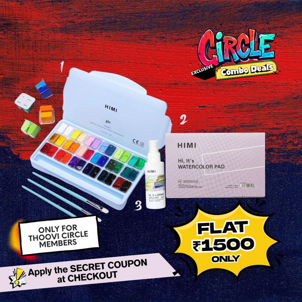 Circle offer: HIMI Gouache Twin Jelly Cup set of 36 with 3 pcs brush set – Ice Blue Edition +HIMI Watercolour Pad +HIMI Gouache Spray