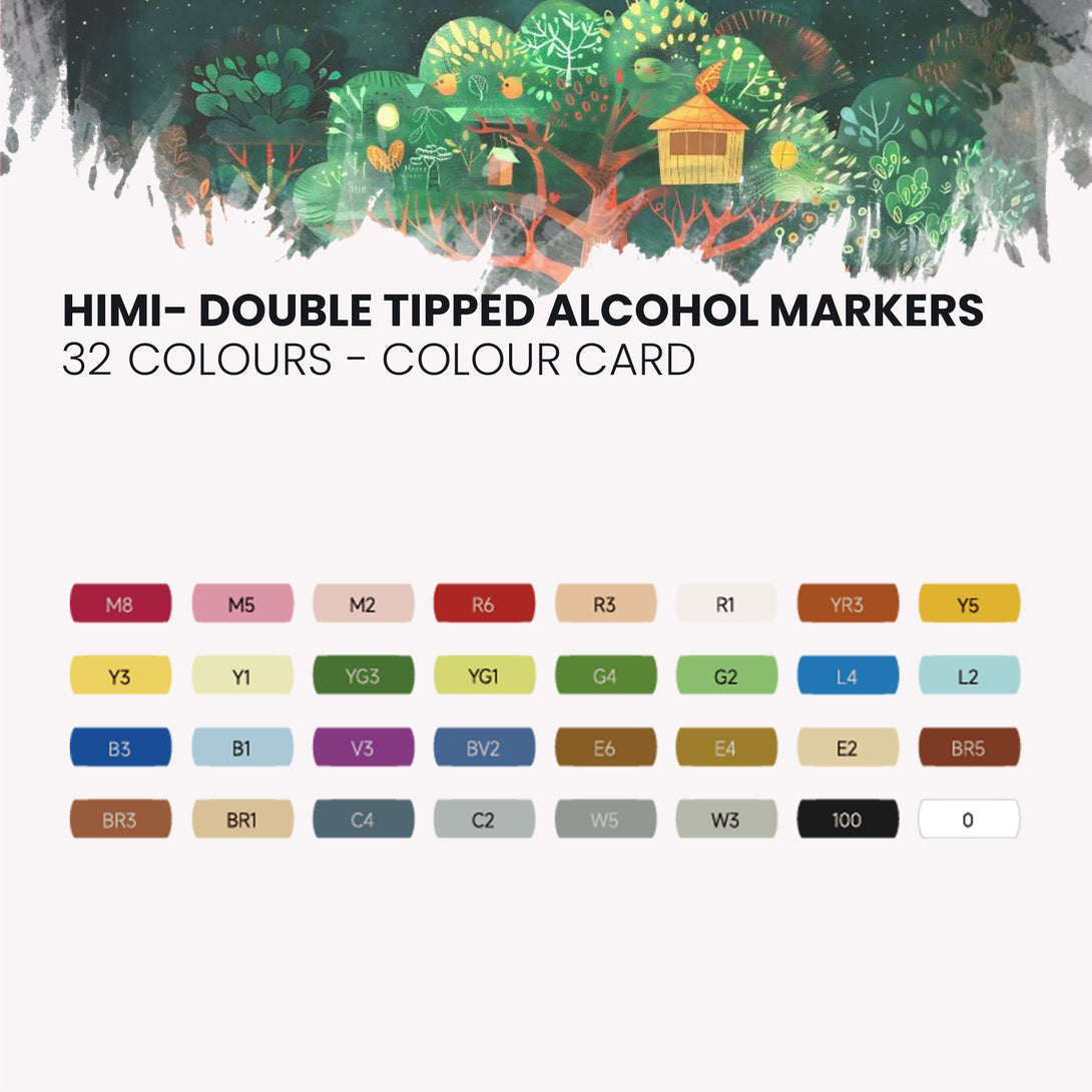 HIMI Dual tip Alcohol Markers set for artists soft and chisel tip 32 colours colour chart