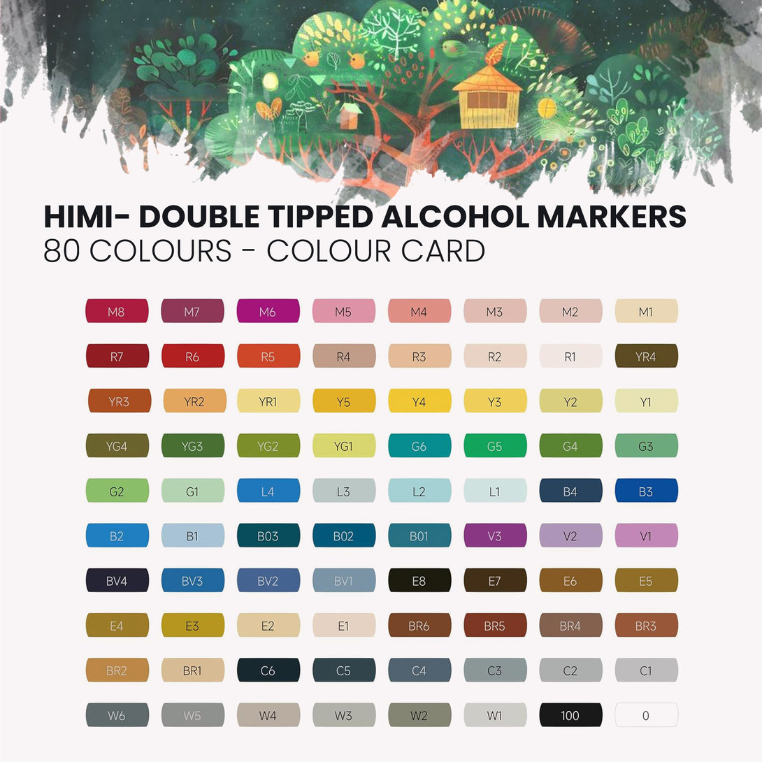 HIMI Dual tip Alcohol Markers set for artists soft and chisel tip 80 colours colour chart