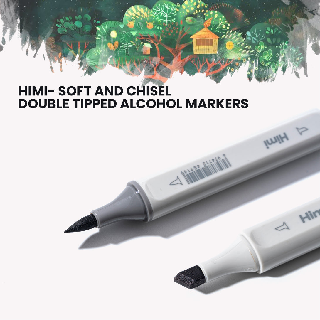 HIMI Dual tip Alcohol Markers set for artists showing soft and chisel tip