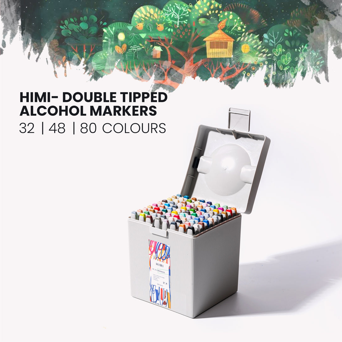 HIMI Dual tip Alcohol Markers set for artists soft and chisel tip with case opened