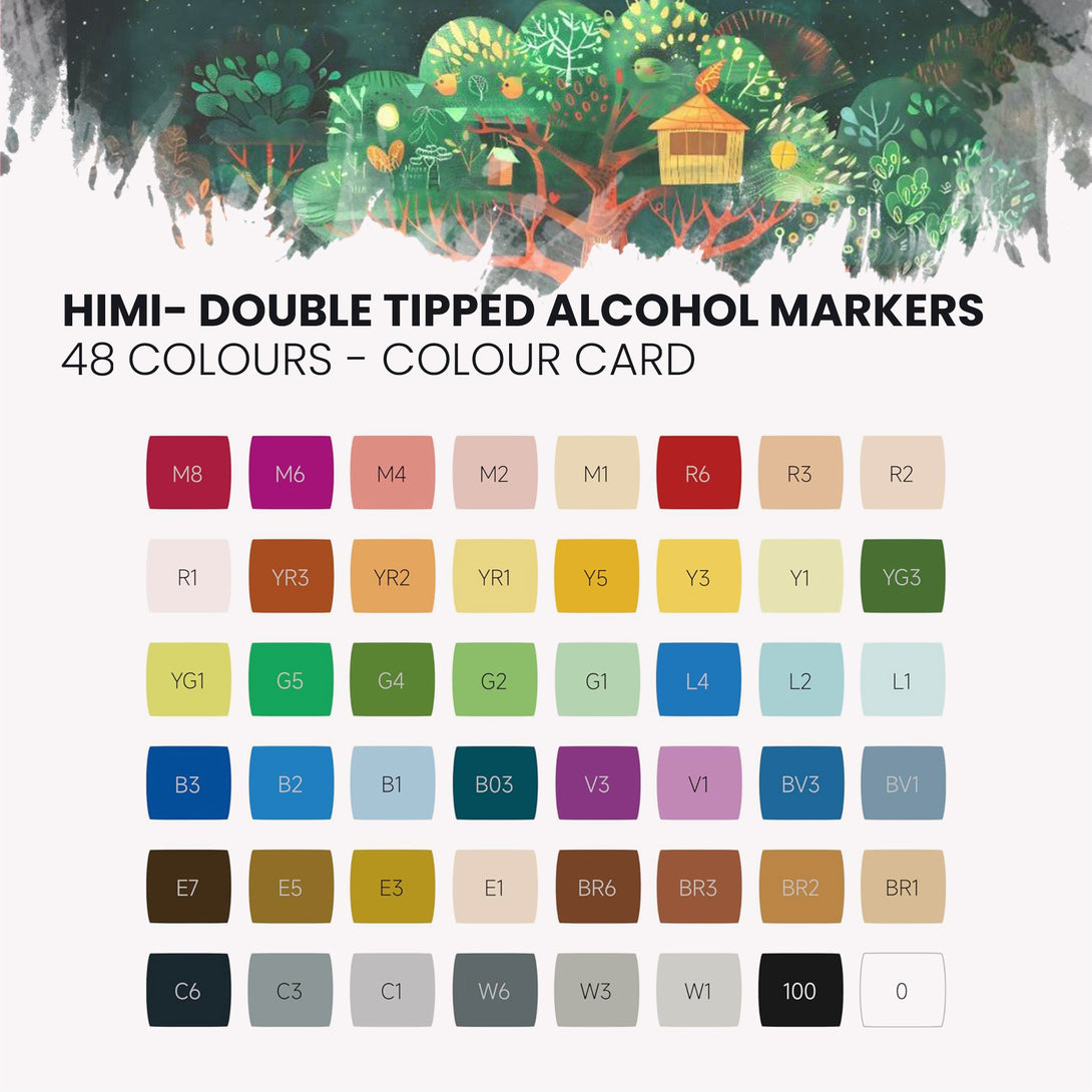 HIMI Dual tip Alcohol Markers for artists colour chart of 48 colours