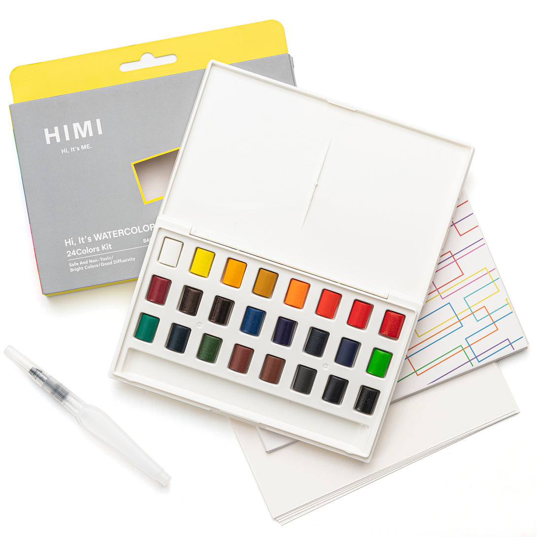 HIMI Compact Travel Watercolour Painting Set, portable and ideal for artists on the go in 24 colours with brush pen