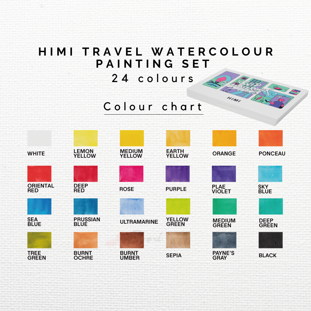 HIMI Compact Travel Watercolour Painting Set, portable and ideal for artists on the go in 24 colours colour chart