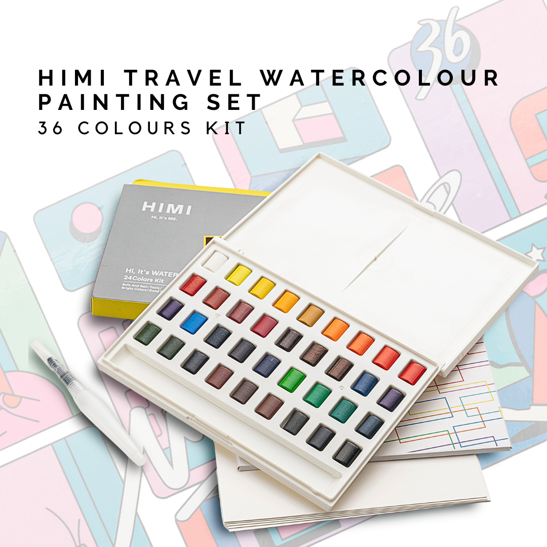 HIMI Compact Travel Watercolour Painting Set, portable and ideal for artists on the go in 36 colours with brush pen