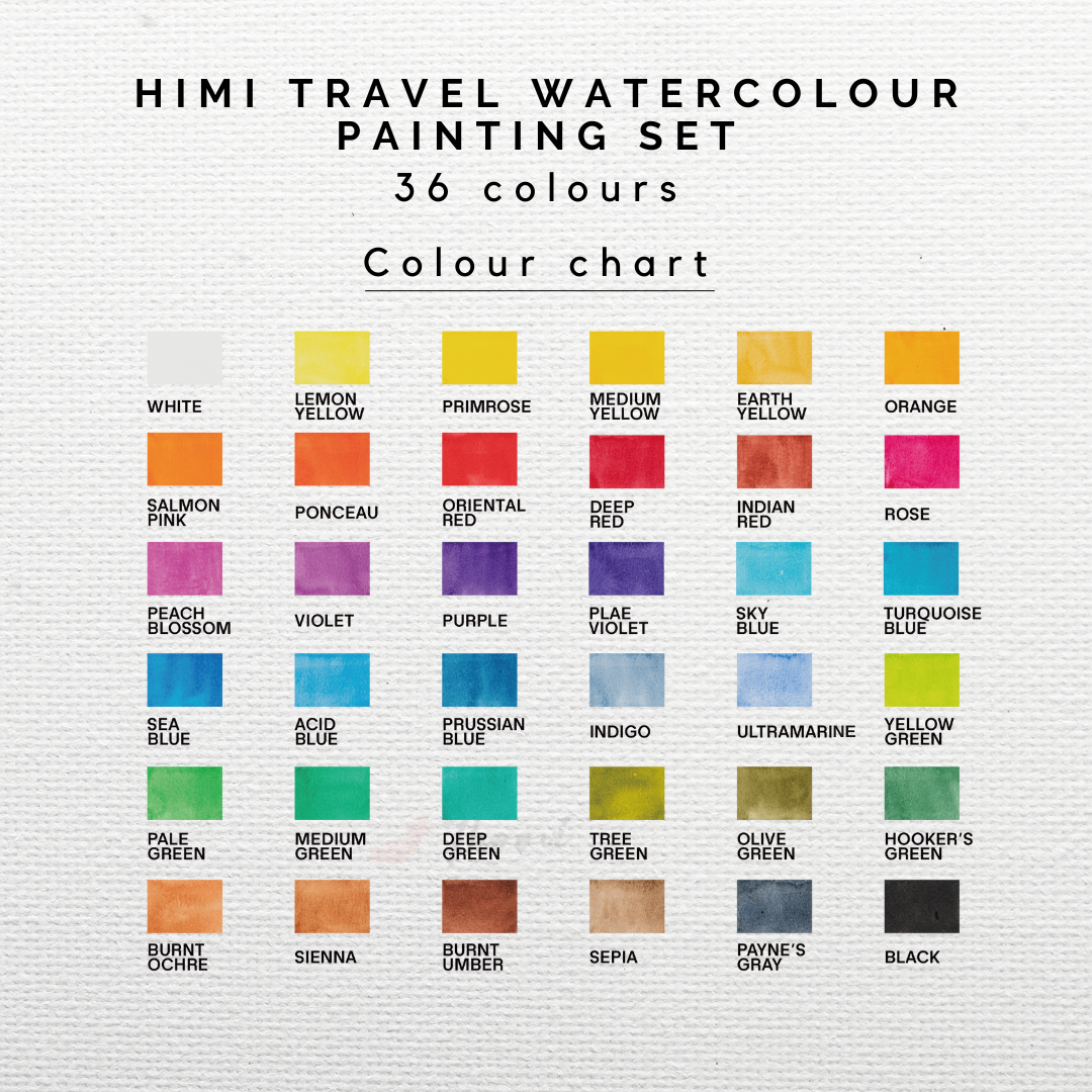 HIMI Compact Travel Watercolour Painting Set, portable and ideal for artists on the go in 36 colours colour chart