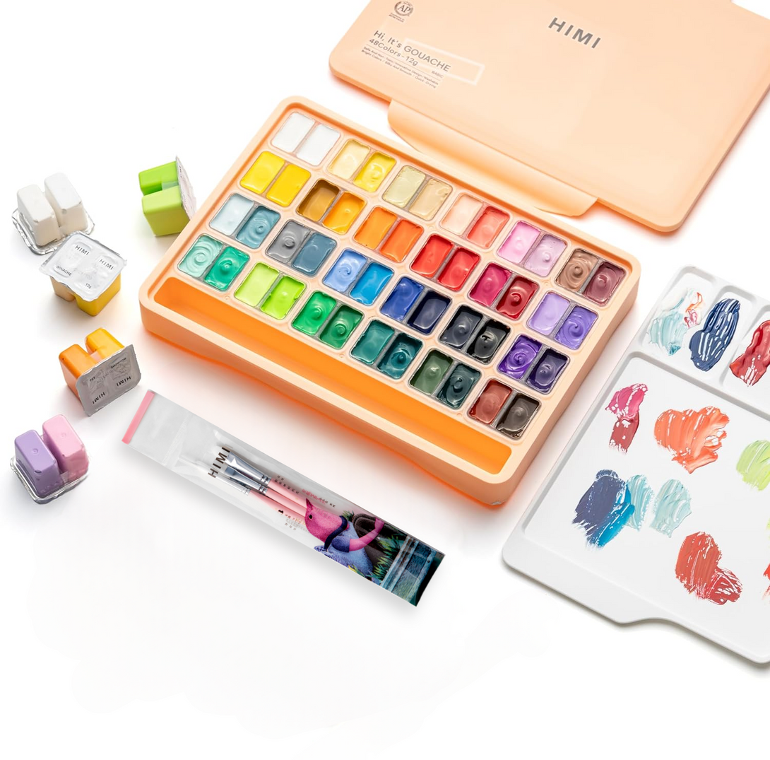 HIMI Twin Cup Jelly Gouache Paint Set, 12g x 48 Colours, Peach Fuzz, Available with or without Brushes and Palette