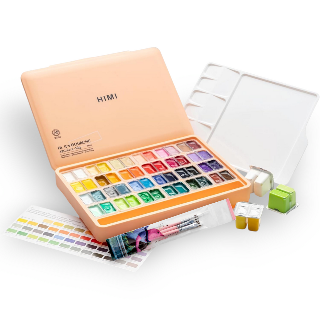 HIMI Twin Cup Jelly Gouache Paint Set, 12g x 48 Colours, Peach Fuzz, Available with Brushes