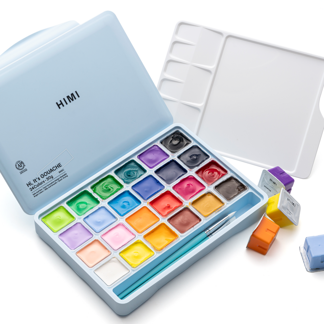 HIMI Gouache jelly cup New Vision 30mlx24 colours Ice Blue case with brush and palette