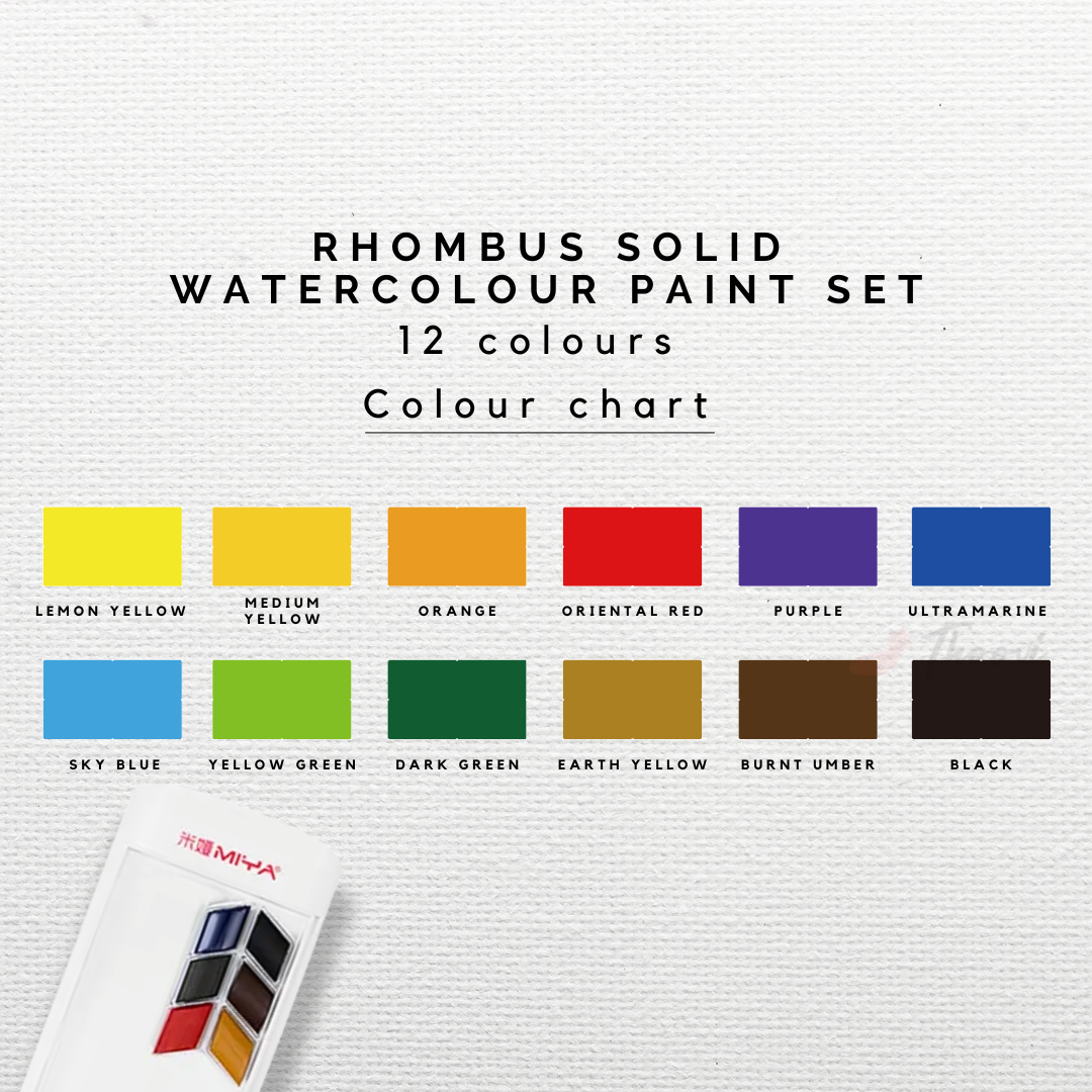 HIMI Rhombus Watercolour half pan Set with 12 vibrant colors in white, perfect for watercolour painting (without brush, pencil, or swatch card) colour chart