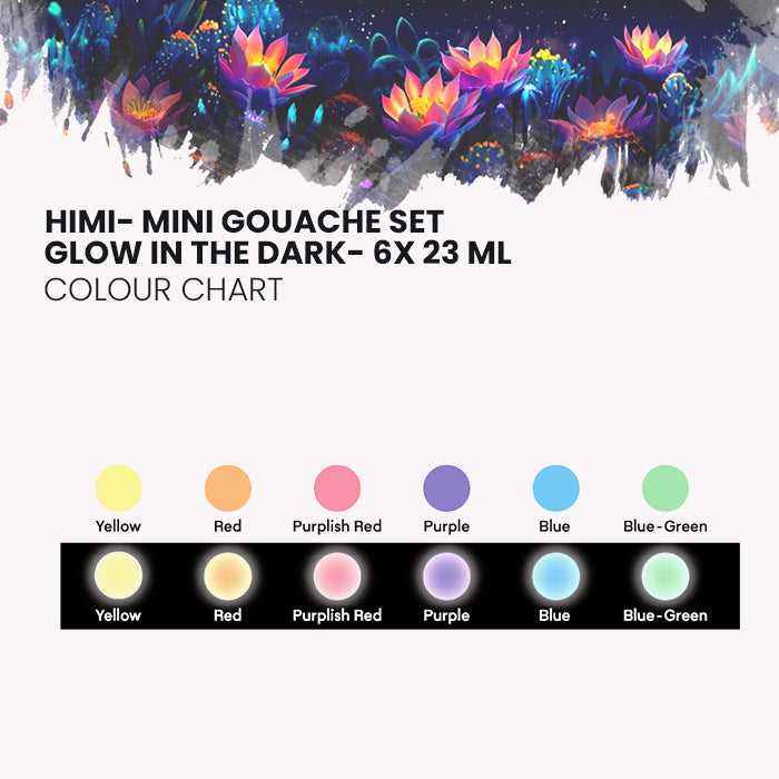 HIMI Mini Gouache Glow in the Dark painting Set, 23ml Jelly Cups, 6 Colours colour chart