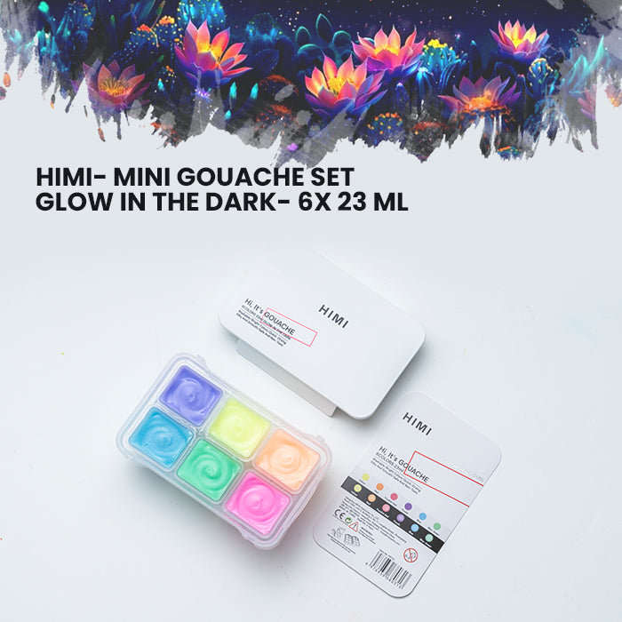 HIMI Mini Gouache Glow in the Dark painting Set, 23ml Jelly Cups, 6 Colours open case