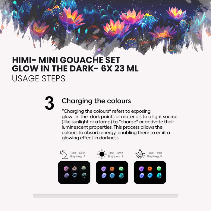 HIMI Mini Gouache Glow in the Dark painting Set, 23ml Jelly Cups, 6 Colours how to use step