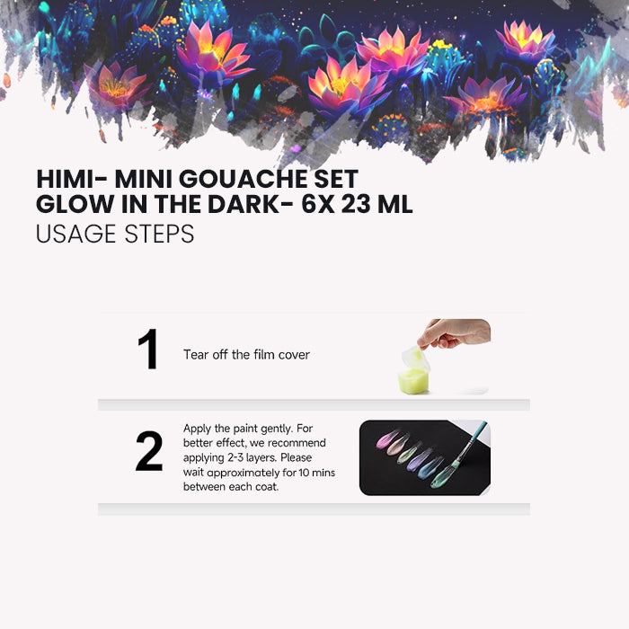 HIMI Mini Gouache Glow in the Dark painting Set, 23ml Jelly Cups, 6 Colours how to use step