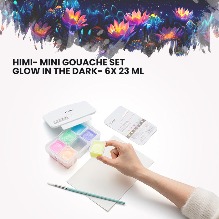 HIMI Mini Gouache Glow in the Dark painting Set, 23ml Jelly Cups, 6 Colours with brush and paper