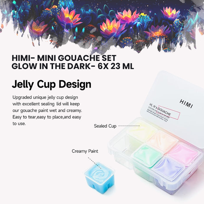 HIMI Mini Gouache Glow in the Dark painting Set, 23ml Jelly Cup design, 6 Colours 