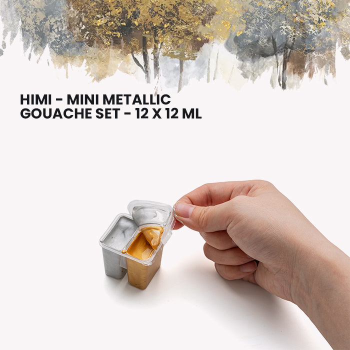 HIMI Mini Metallic Gouache Painting Set, 12ml Jelly Cups, 12 Colours in Yellow Case Gold and Silver