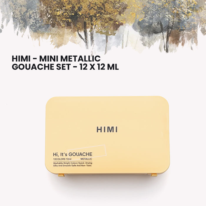 HIMI Mini Metallic Gouache Painting Set, 12ml Jelly Cups, 12 Colours in Yellow Case closed