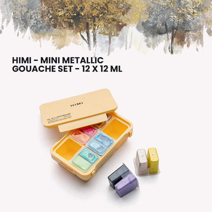 HIMI Mini Metallic Gouache Painting Set, 12ml Jelly Cups, 12 Colours in Yellow Case Portable