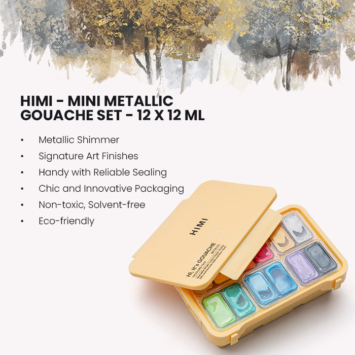 HIMI Mini Metallic Gouache Painting Set, 12ml Jelly Cups, 12 Colours in Yellow  Portable Case