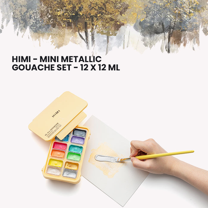 HIMI Mini Metallic Gouache Painting Set, 12ml Jelly Cups, 12 Colours in Yellow Case having brush with silver stroke 