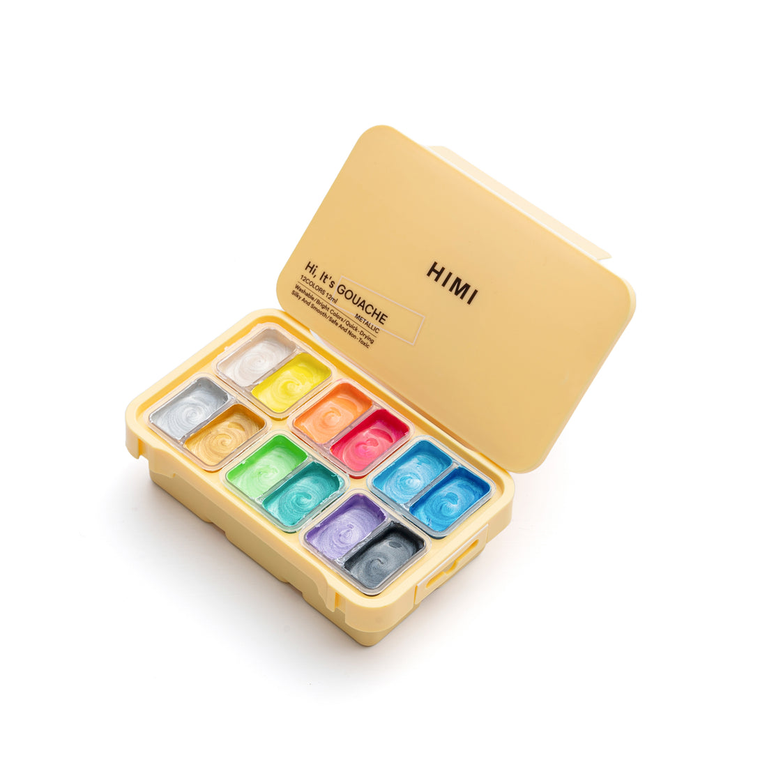 HIMI Mini Metallic Gouache Painting Set, 12ml Jelly Cups, 12 Colours in Yellow Case opened