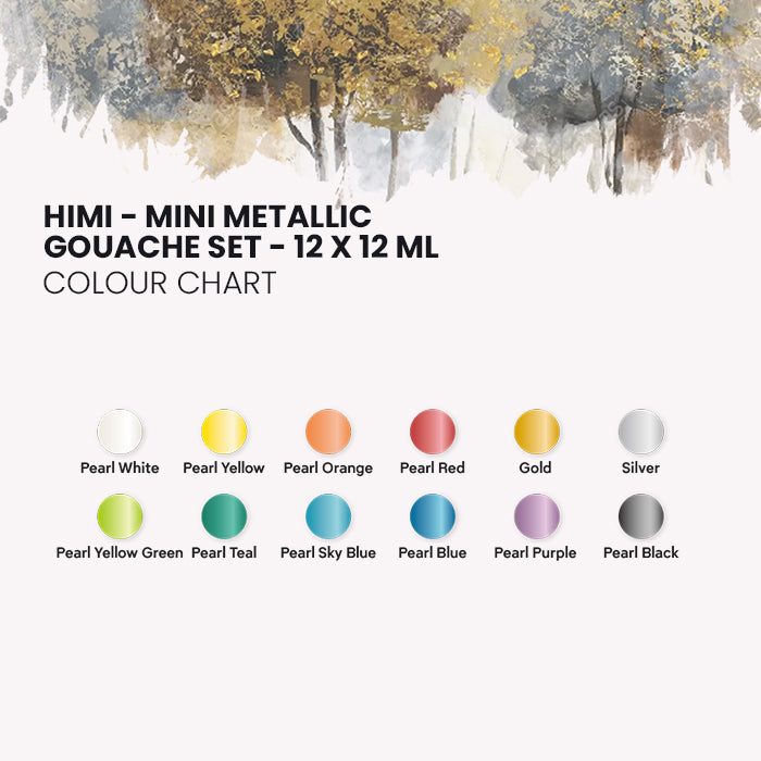 HIMI Mini Metallic Gouache Painting Set, 12ml Jelly Cups, 12 Colours in Yellow Case colour chart