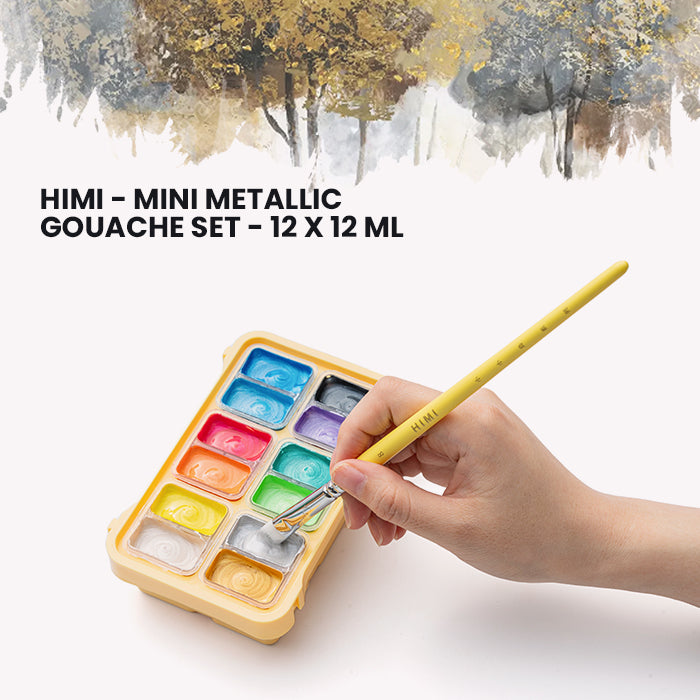 HIMI Mini Metallic Gouache Painting Set, 12ml Jelly Cups, 12 Colours in Yellow Case with brush