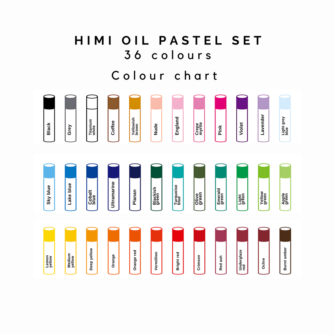 HIMI Oil Pastel Set for artists with 36 vibrant colors colour chart