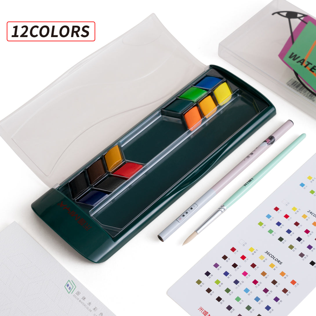 HIMI Rhombus Watercolour Half Pan Painting Set with 12 vibrant colours in green case with brush and pencil