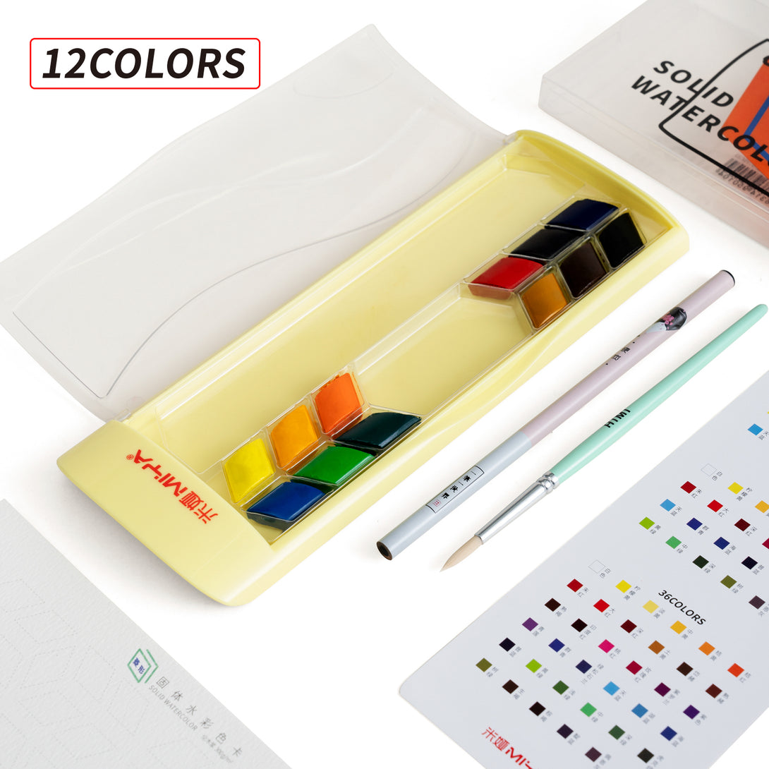 HIMI Rhombus Watercolour Half Pan Painting Set with 12 vibrant colours in Yellow case with brush and Pencil