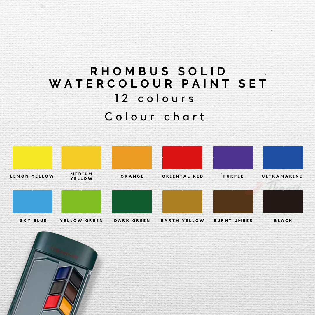 HIMI Rhombus Watercolour Half Pan Painting Set with 12 vibrant colours colour chart