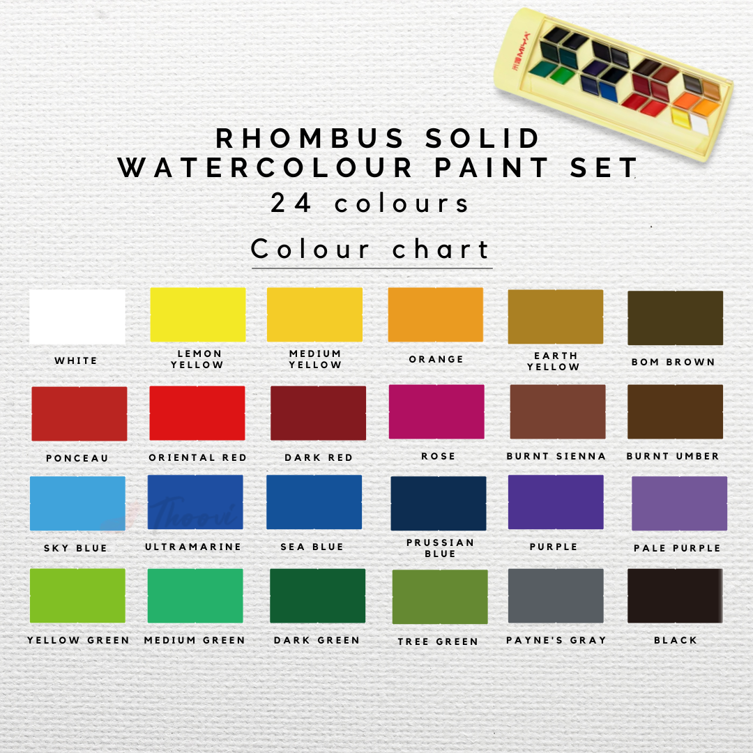 HIMI Rhombus Watercolour Half Pan Painting Set with 24 vibrant colours colour chart