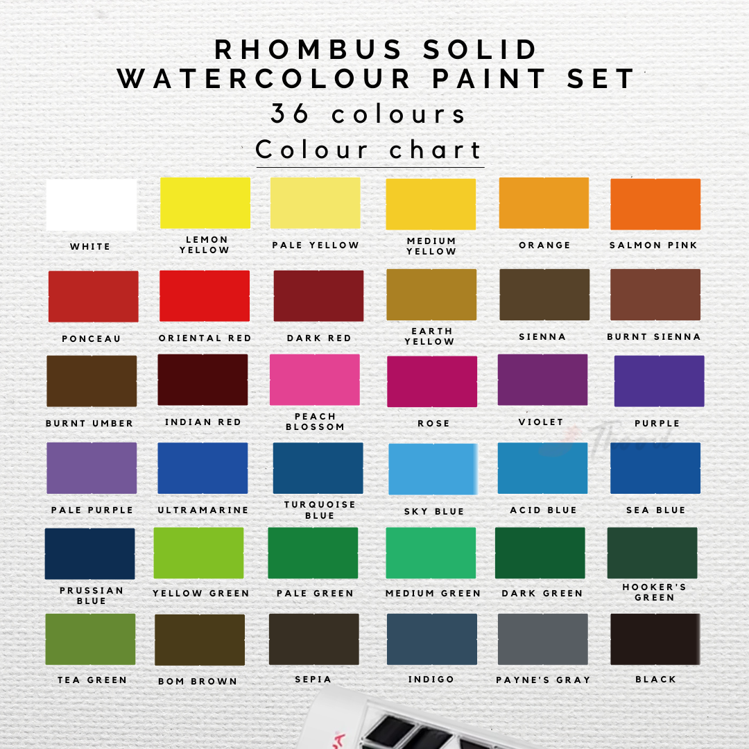 HIMI Rhombus Watercolour Half Pan Painting Set with 36 vibrant colours colour chart