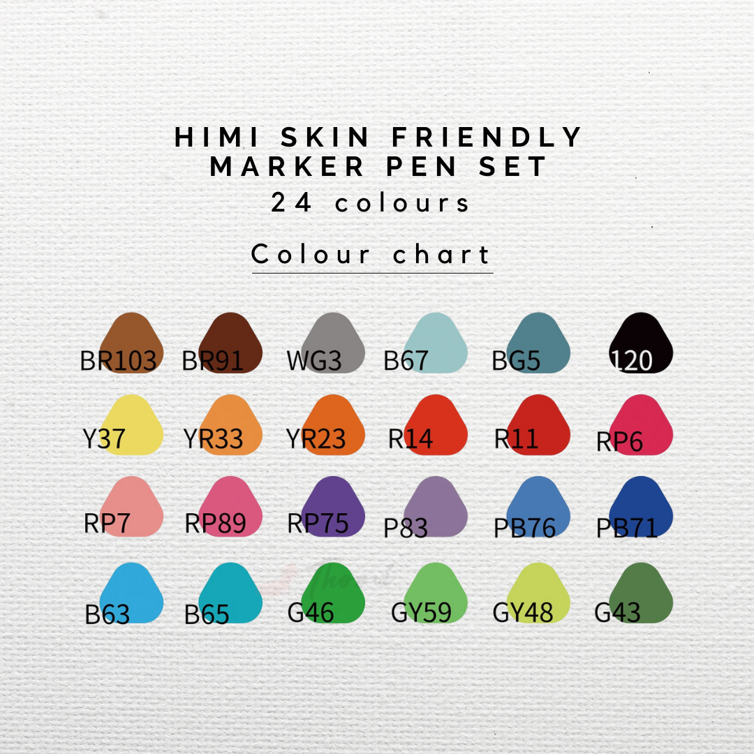 HIMI Skin-Friendly Dual Tip Water-Based Non toxic Marker Pen Set for drawing and coloring available in 24 pack colour chart