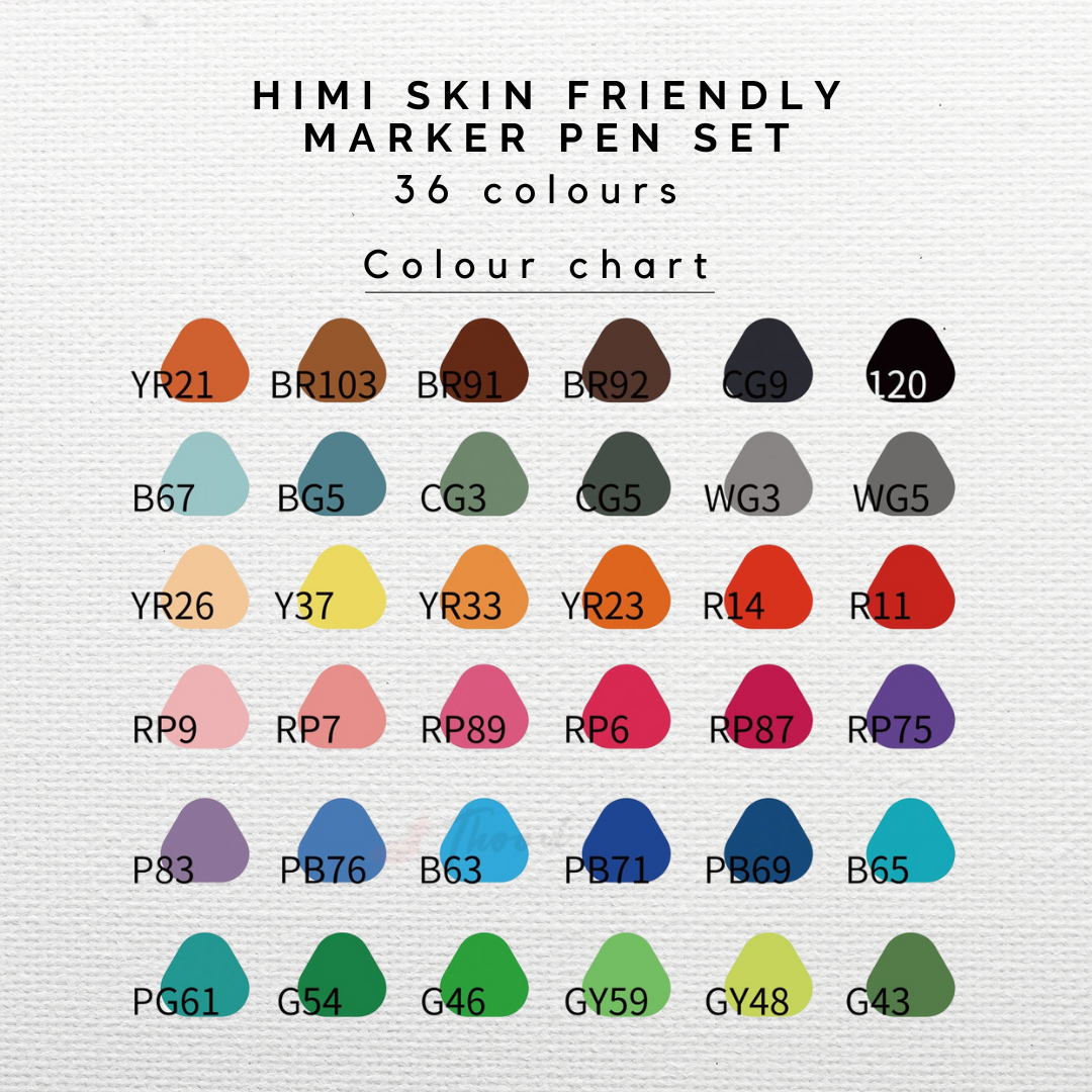 HIMI Skin-Friendly Dual Tip Water-Based Non toxic Marker Pen Set for drawing and coloring available in 36 pack colour chart