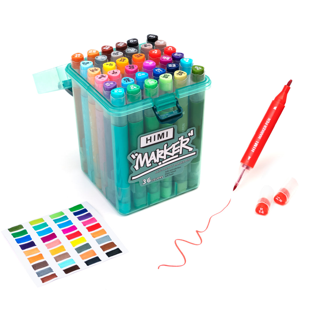 HIMI Skin-Friendly Dual Tip Water-Based Non toxic Marker Pen Set for drawing and coloring available in 36 pack