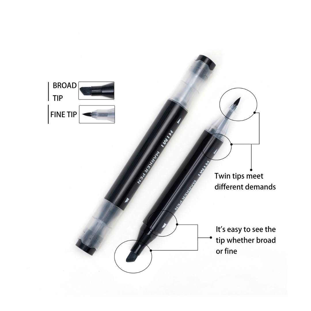 HIMI Skin-Friendly Dual Tip Water-Based Non toxic Marker Pen Set for drawing and coloring with fine and broad tip on barrel