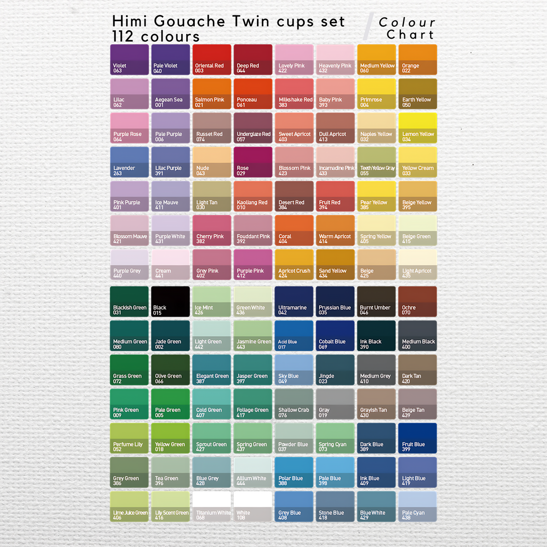 HIMI Twin Cup Jelly Gouache Paint Set, 12g x 112 Colours colour chart