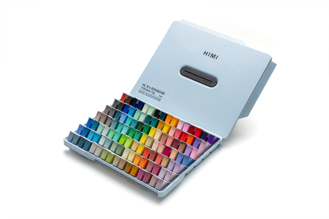 HIMI Twin Cup Jelly Gouache Paint Set, 12g x 112 Colours in Ice blue colour case Open