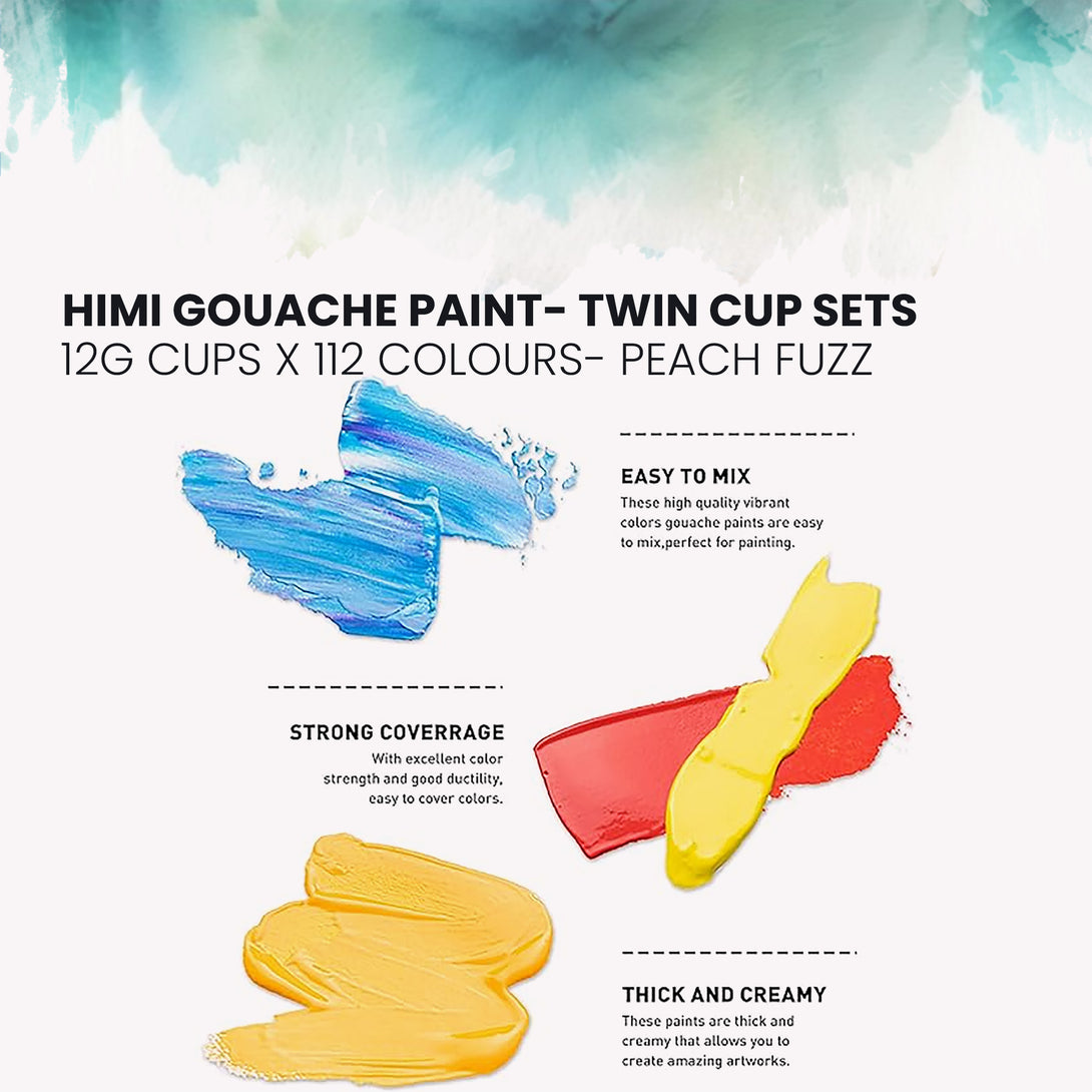 HIMI Twin Cup Jelly Gouache Paint Set, 12g x 112 Colours in 2 colour cases Ice Blue and Peach fuzz for artists - features