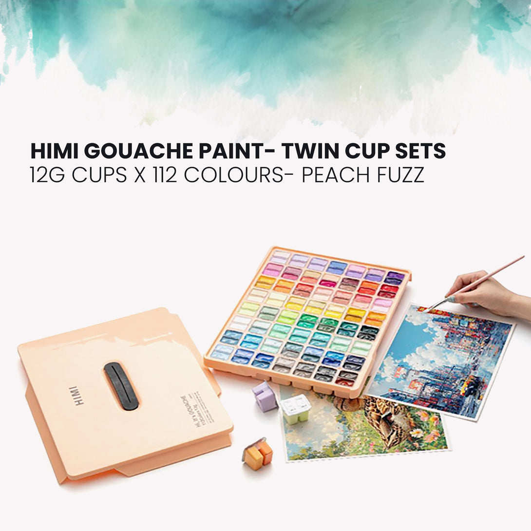 HIMI Twin Cup Jelly Gouache Paint Set, 12g x 112 Colours in Peach fuzz case with painting