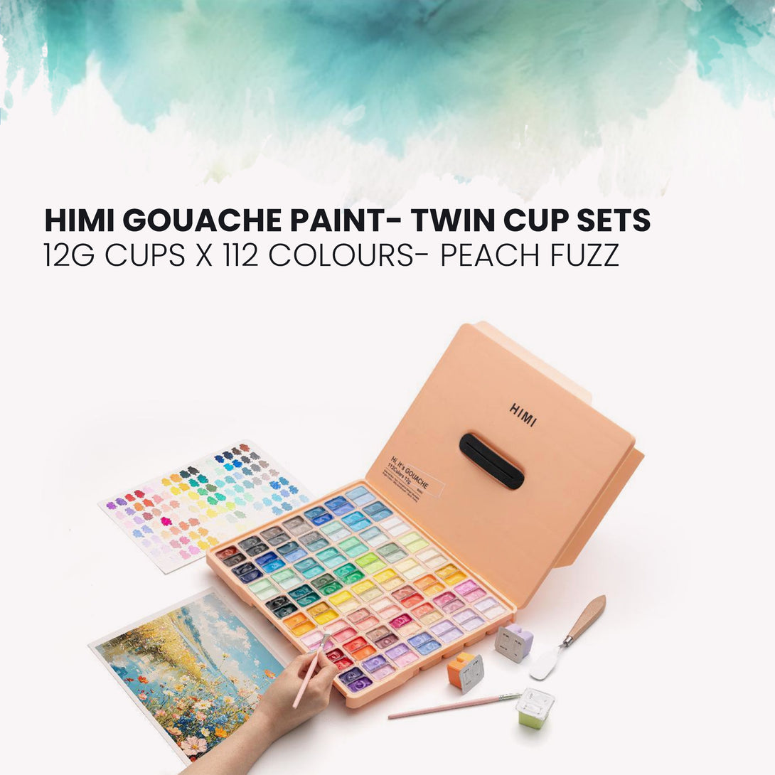 HIMI Twin Cup Jelly Gouache Paint Set, 12g x 112 Colours in Peach fuzz colour case - open