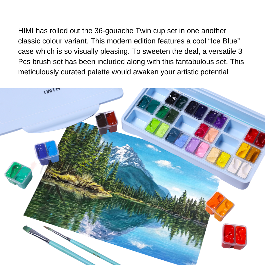 HIMI Twin Cup Jelly Gouache Paint Set, 12g x 36 Colours with 3 Pcs Mini Brush Ice Blue for Artists with painting