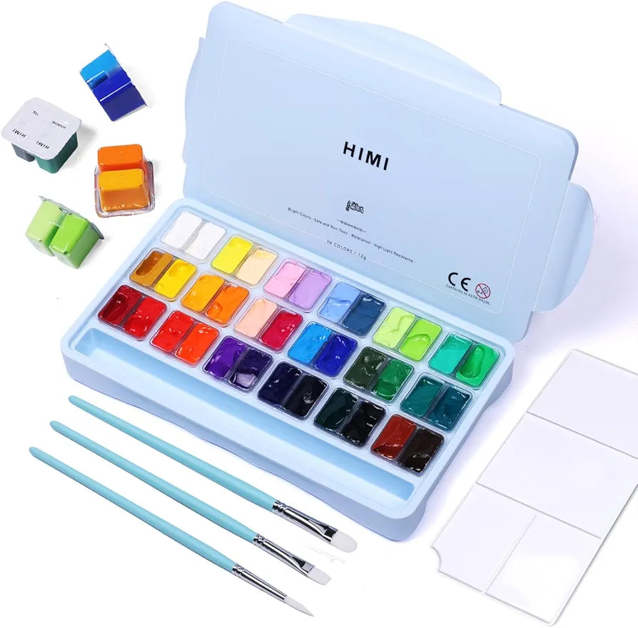 HIMI Twin Cup Jelly Gouache Paint Set, 12g x 36 Colours with 3 Pcs Mini Brush Ice Blue for Artists