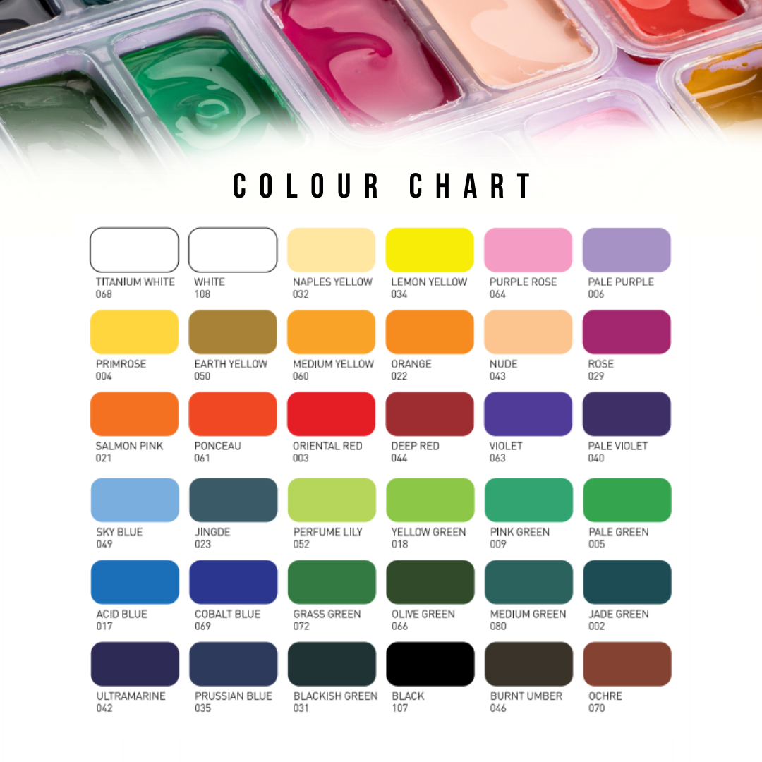 HIMI Twin Cup Jelly Gouache Paint Set, 12g x 36 Colours colour chart