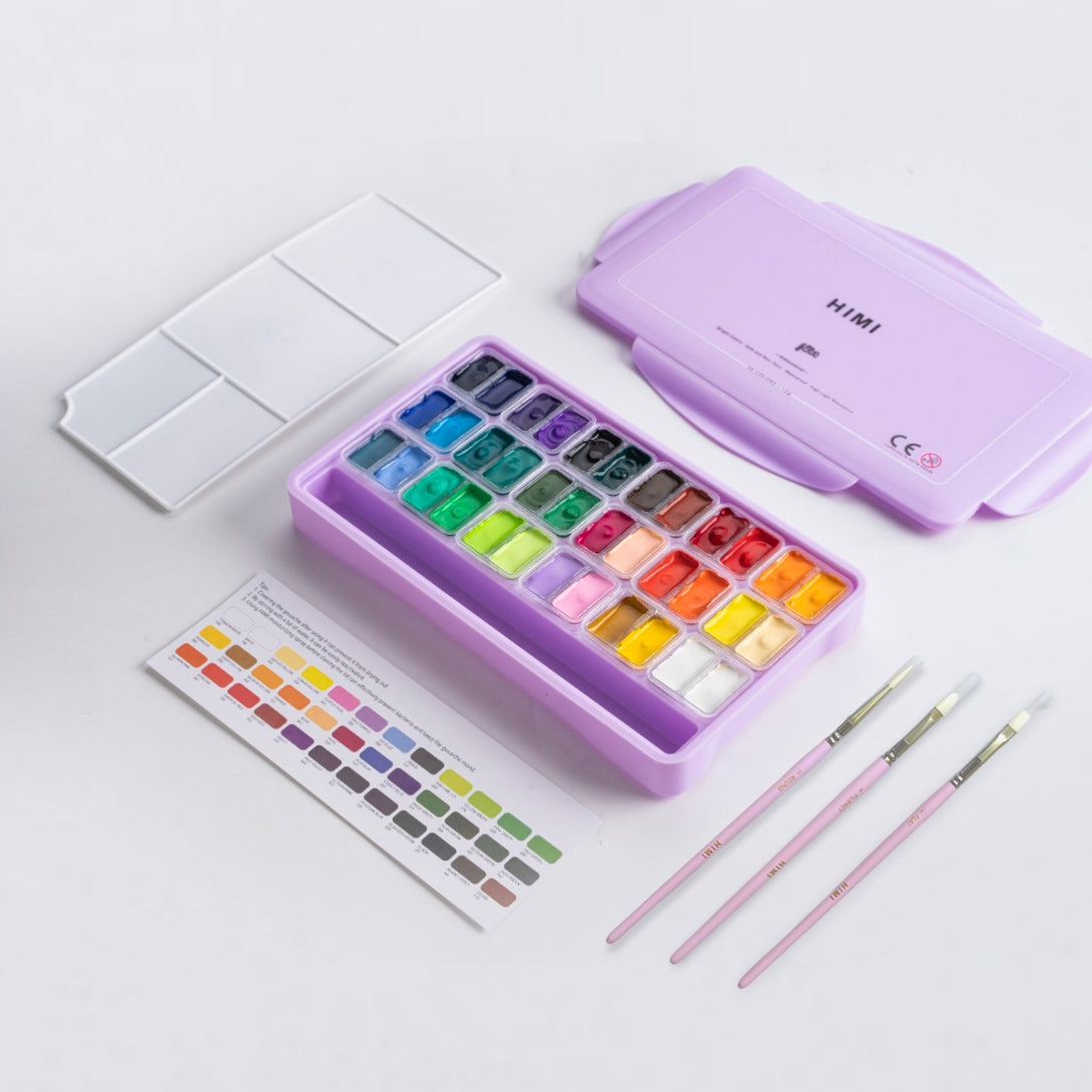 IMI Twin Cup Jelly Gouache Paint Set, 12g x 36 Colours with brushes Purple case for artists