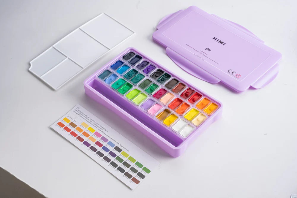 HIMI Twin Cup Jelly Gouache Paint Set, 12g x 36 Colours without brushes with palette in Purple case for artists