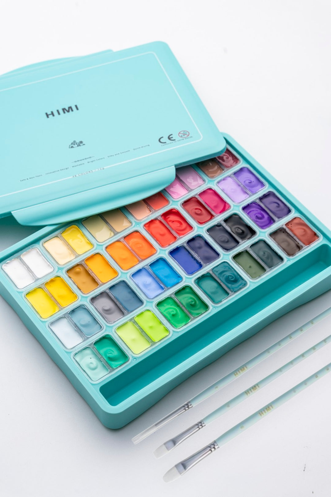 HIMI Twin Cup Jelly Gouache Paint Set, 12g x 48 Colours with brush in green case