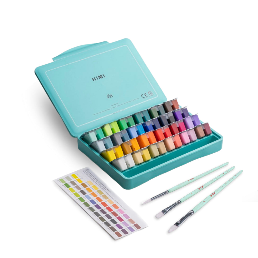 HIMI Twin Cup Jelly Gouache Paint Set, 12g x 48 Colours with brushes in green case